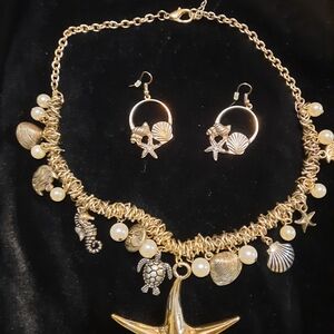 Gold Starfish Charm Necklace and Earring Set
